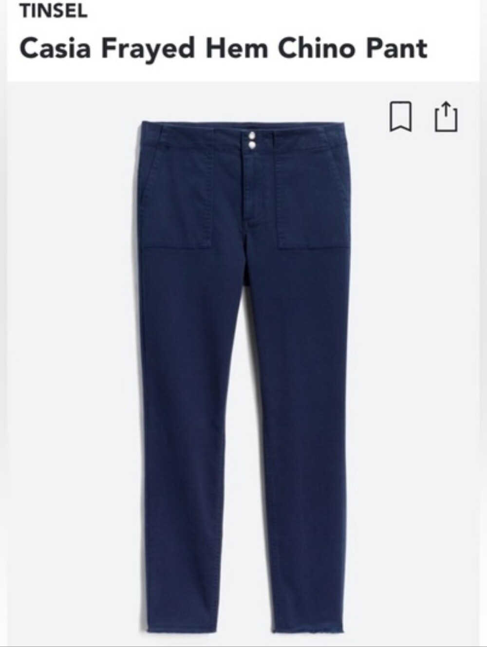 Tinsel Casia Navy Frayed Ankle Chino Pants with Stretch